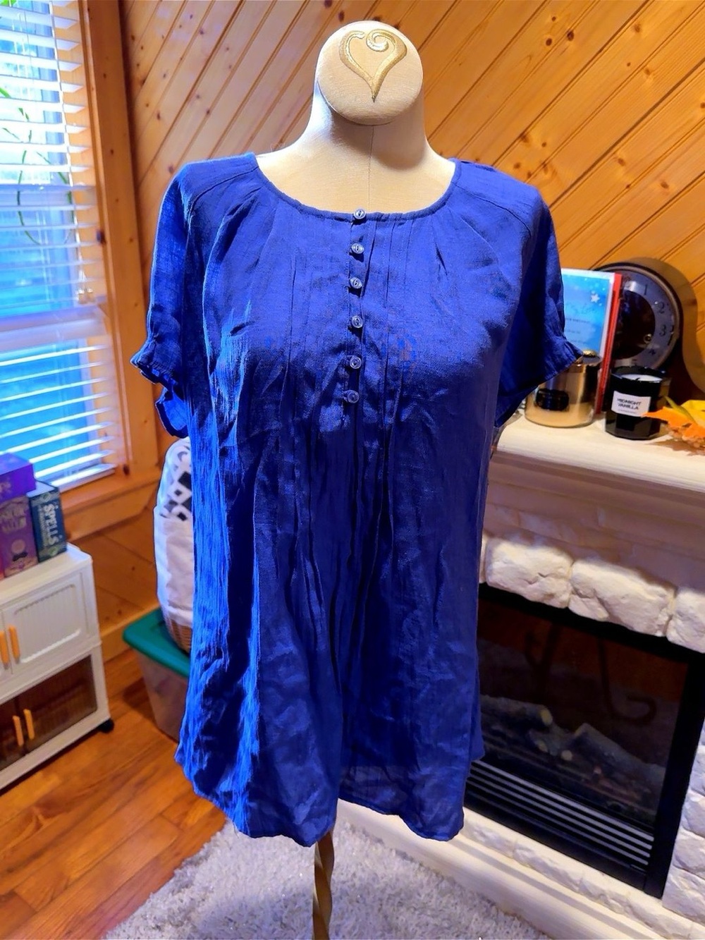 Blue Mountain Blue Pintuck Button Tunic Blouse Size Large
